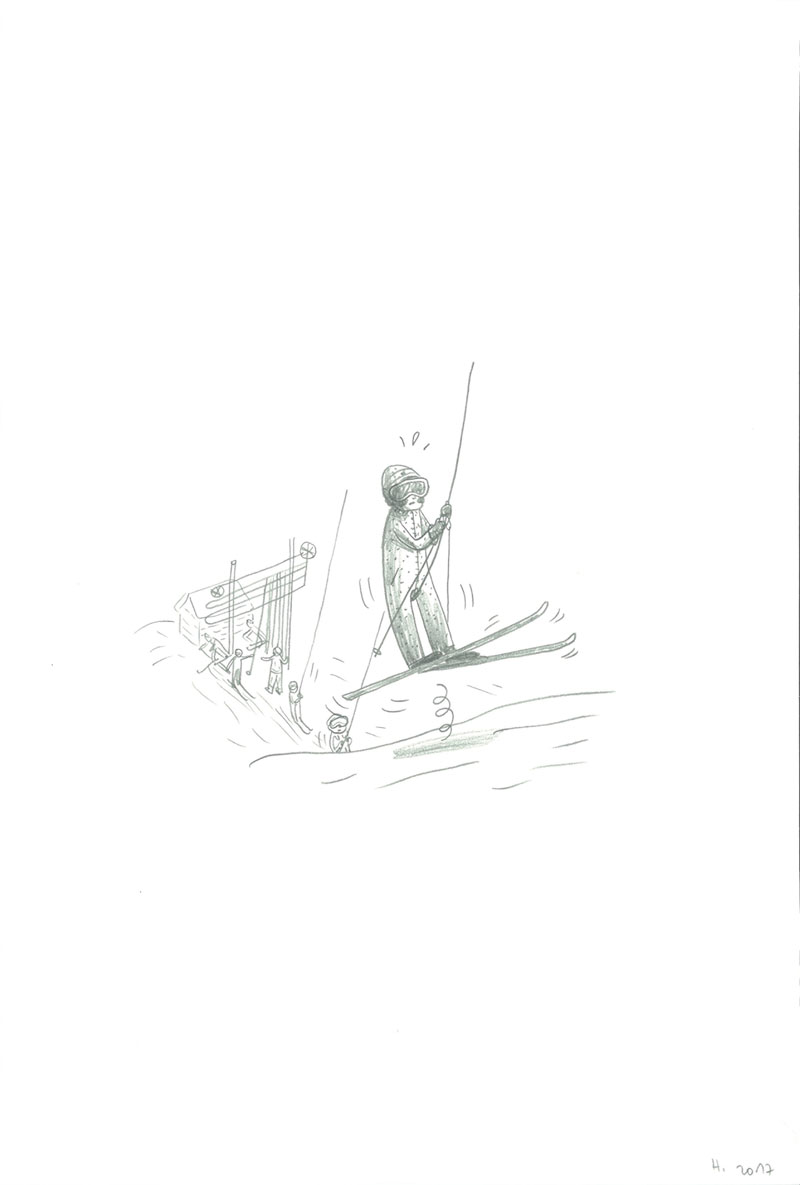 Ski, En assiette, Mine de plomb sur Lana Caligraphie, 24 × 16 cm, 2017