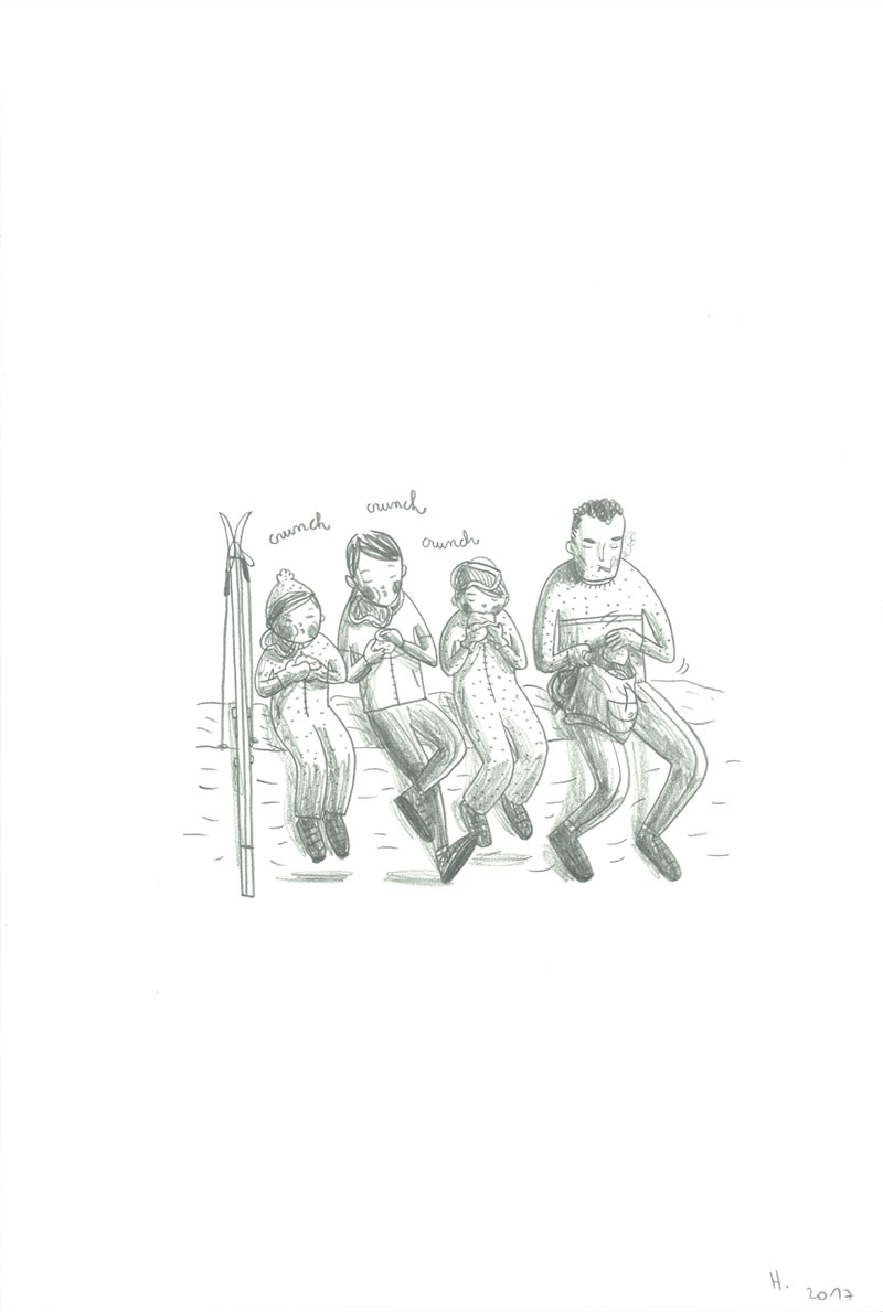 Ski, Pause-midi, Mine de plomb sur Lana Caligraphie, 24 × 16 cm, 2017