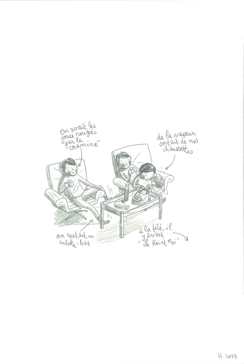 Ski, Pique-nique au salon, Mine de plomb sur Lana Caligraphie, 24 × 16 cm, 2017