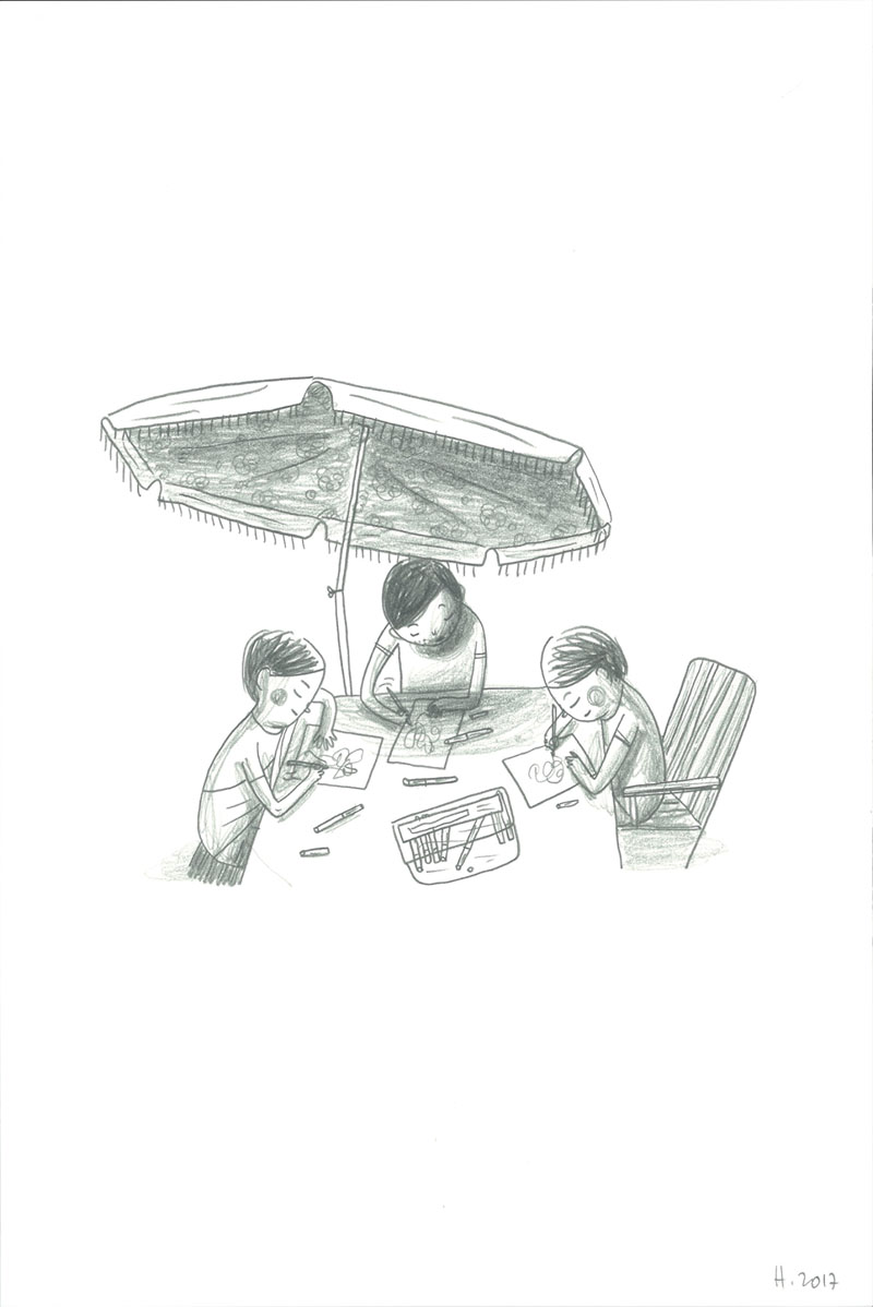 Vacances, Dessin sous le parasol, Mine de plomb sur Lana Caligraphie, 24 × 16 cm, 2017