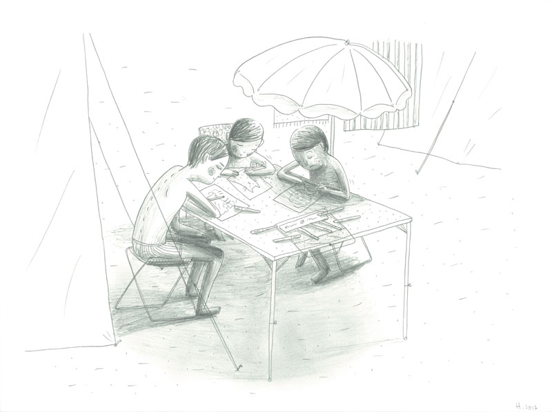 Vacances, Dessin sous le parasol, Mine de plomb sur Lana Caligraphie, 24 × 32 cm, 2017