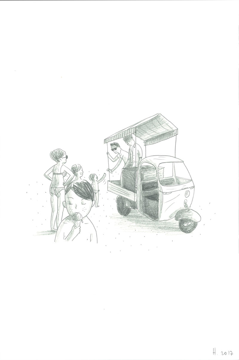 Vacances, Glace sur la Spiaggia, Mine de plomb sur Lana Caligraphie, 24 × 16 cm, 2017