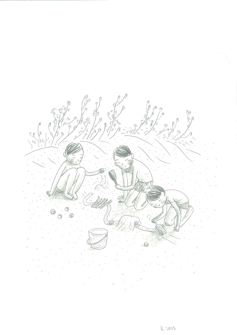 Vacances, Jeux de sable, Mine de plomb sur Lana Caligraphie, 29,7 × 21 cm, 2017