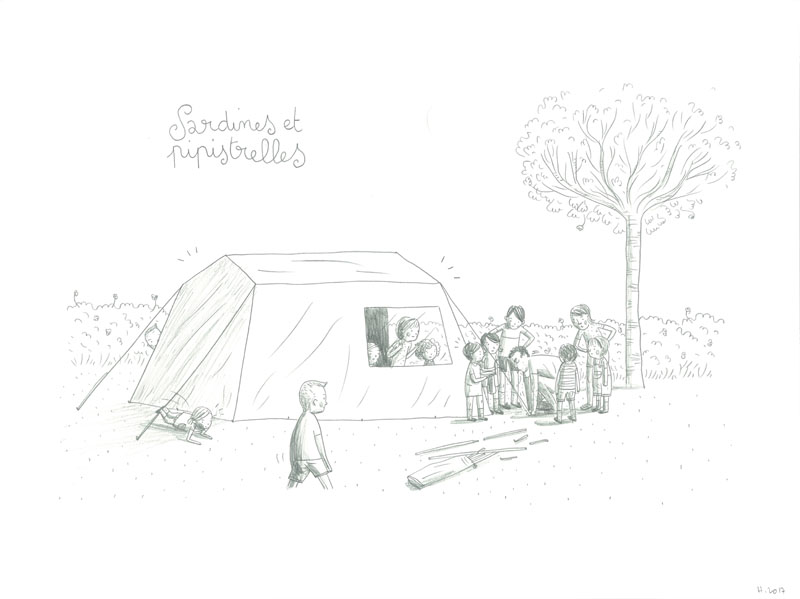 Vacances, Papa monte la tente, Mine de plomb sur Lana Caligraphie, 24 × 32 cm, 2017