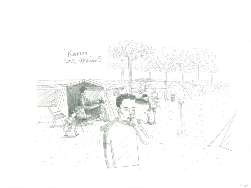 Vacances, Papa part en chasse, Mine de plomb sur Lana Caligraphie, 24 × 32 cm, 2017