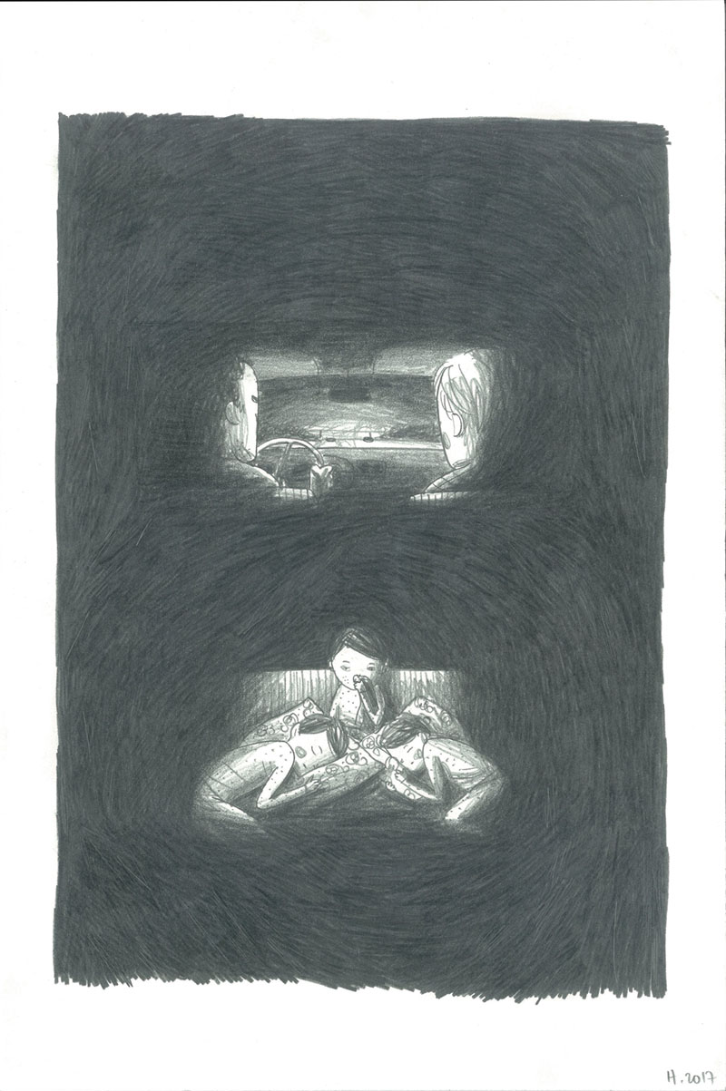Vacances, Voyage de nuit, Mine de plomb sur Lana Caligraphie, 24 × 16 cm, 2017
