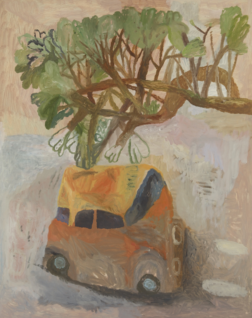 Voiture sous une branche, Huile sur papier marouflé sur bois, 92 × 73 cm, 2019