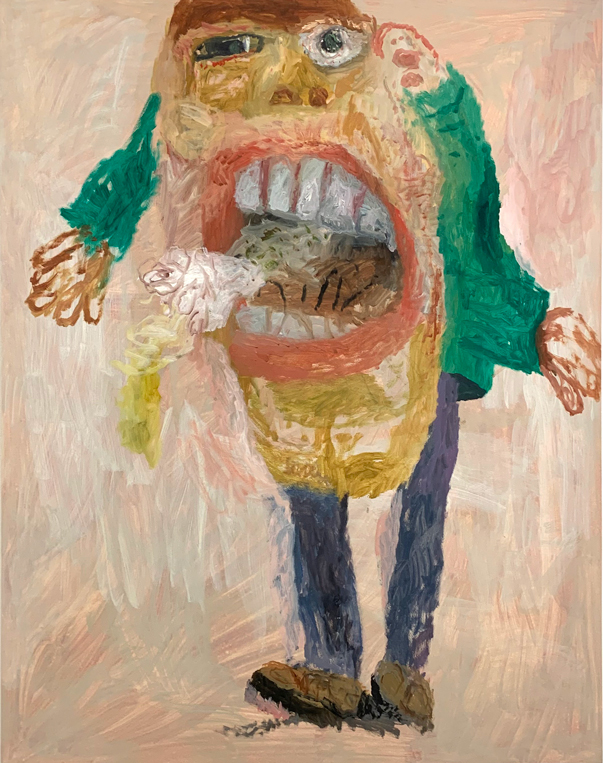 Enervé, Huile sur papier marouflé sur bois, 93 × 74 cm, 2019