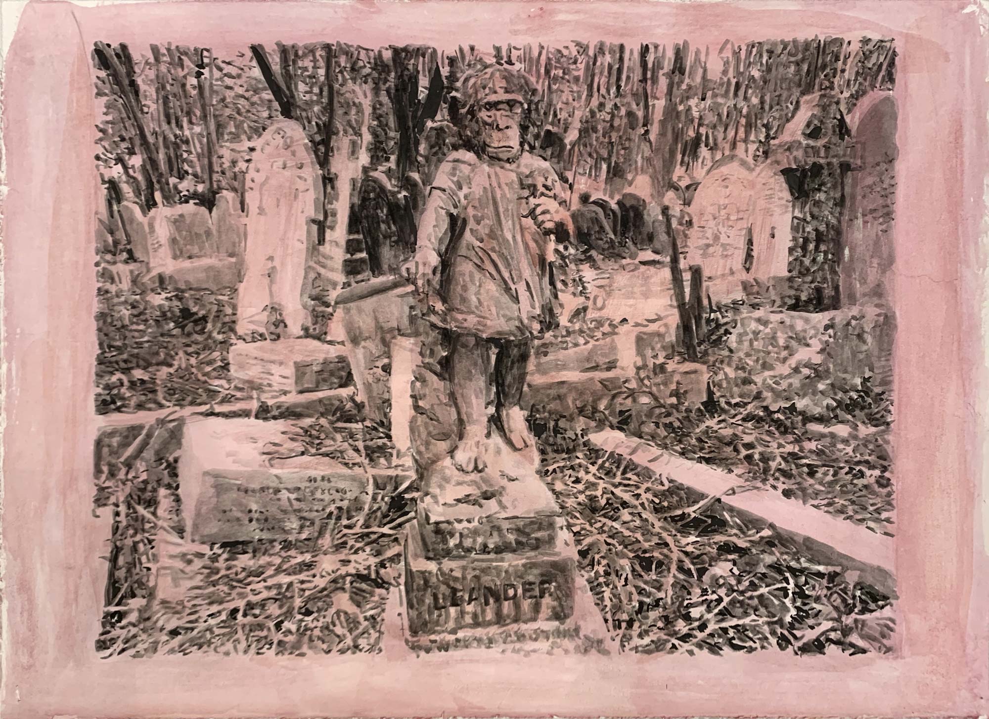 Friedhöfli, Encre de Chine et aquarelle sur papier, 50 × 70 cm, 2019