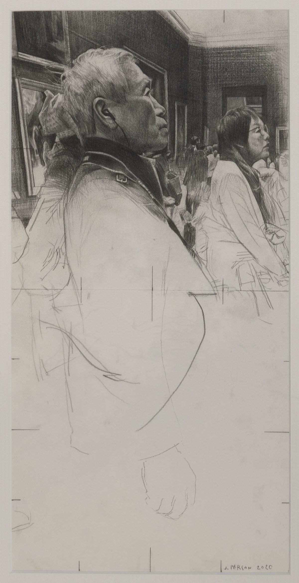 Le Louvre, Série Les Verticales, Pierre noire sur papier, 60 × 35 cm, 2020